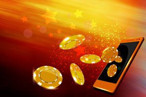 Mobile casino or casino coins flying out from a mobile